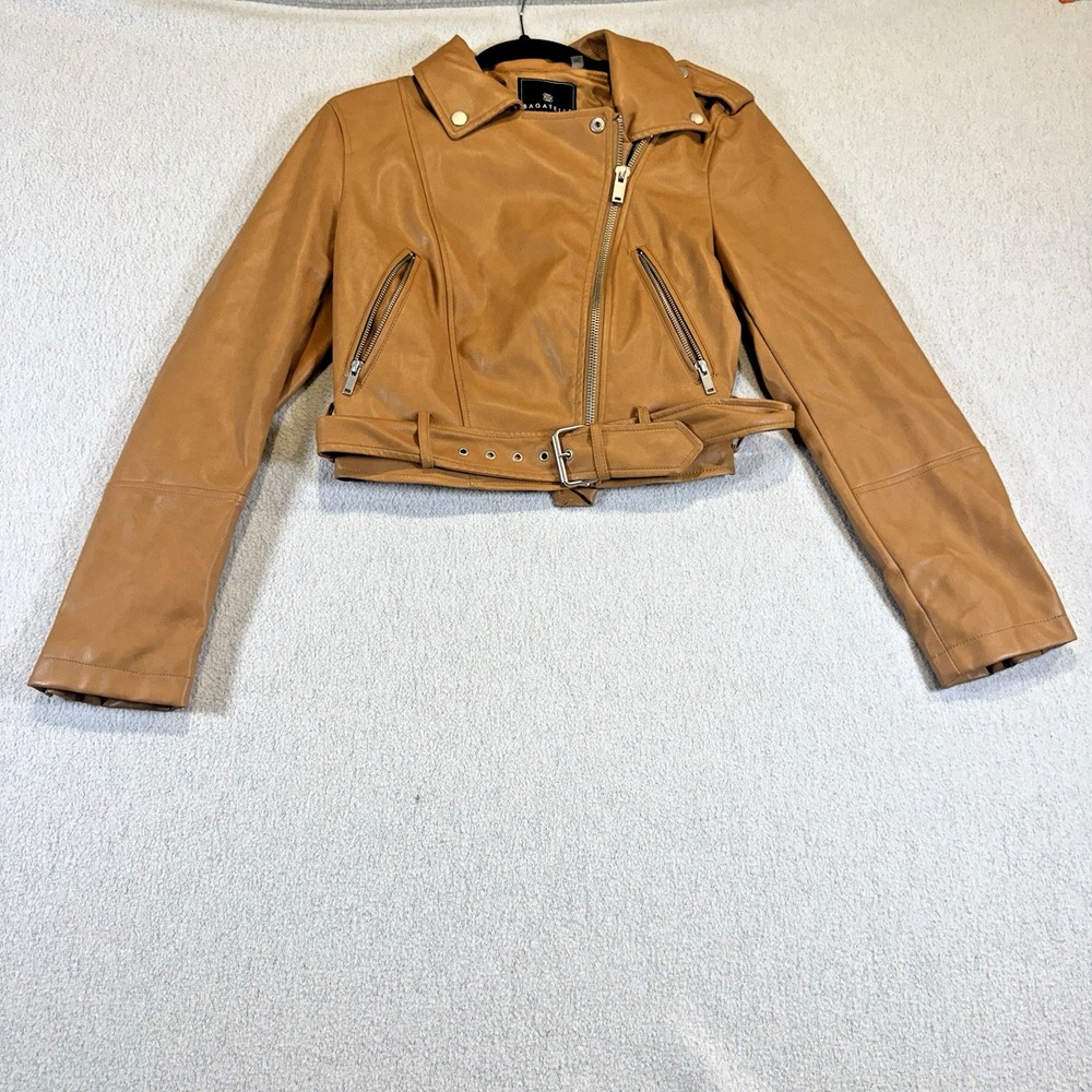 Bagatelle Womens Medium Asymmetrical Faux Leather Jacket Brown Motorcycle Belt